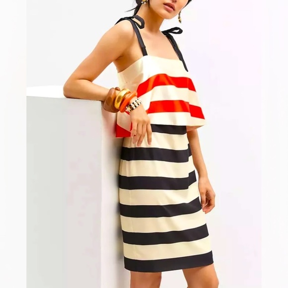 ANTHROPOLOGIE NWT Mare Mare Striped Mini Dress Beige Red Black Size M. - Picture 1 of 8